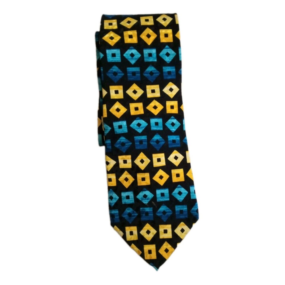 SERICA Tie silk Yellow & Blue Geometric Luxury Silk Tie  EX COND